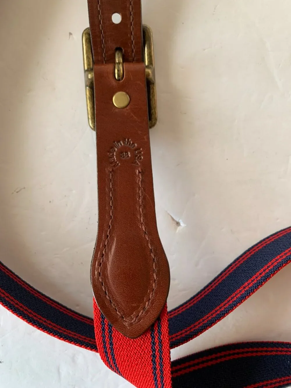 VINTAGE NAVY BLUE & RED ELASTIC STRETCH BELT – LEATHER TRIM – BRASS BUCKLE